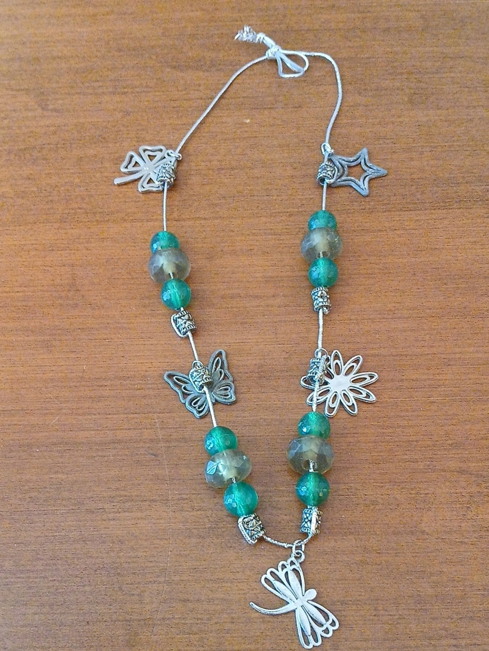 Silver Tone Dragonfly Pendant, Butterfl Unique Green Beads Silver Cord Necklace
